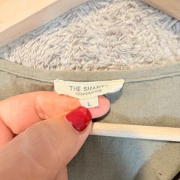 The Shanty Flax Linen Sage Green Jumpsuit Romer Tie Waist Utility L Large - Picture 7 of 11